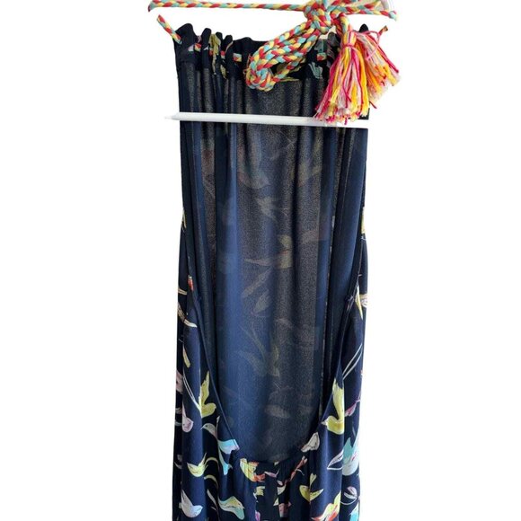 Chelsea & Violet Navy Backless Halter Maxi Dress Bird Print Draw String Closure - Picture 6 of 9